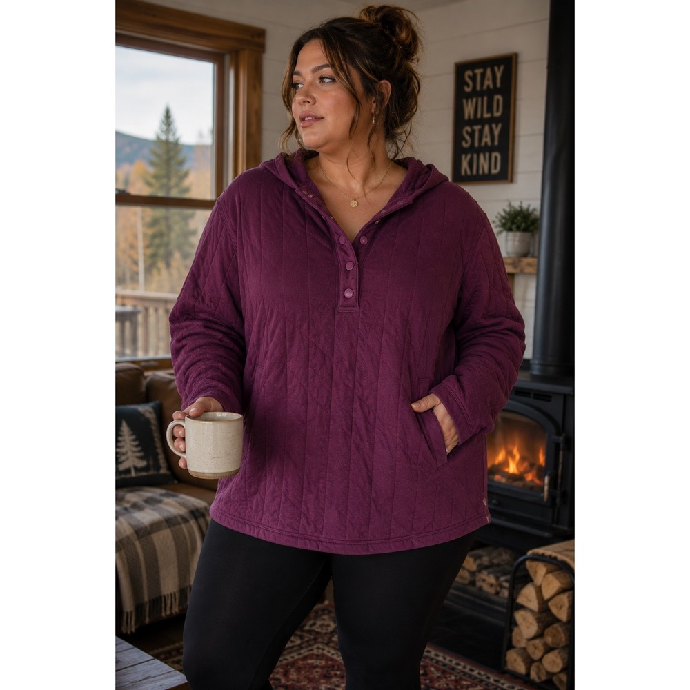 Lands‎ End Womens XL Burgundy Quilted Pullover Hoodie Snap Neck Sweatshirt